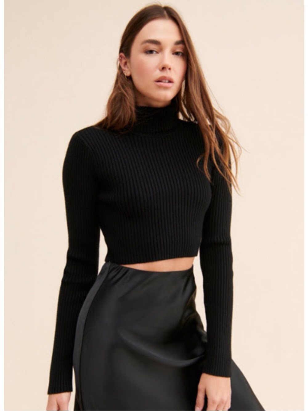 Grey Lab Black Ribbed Cropped Turtleneck Sweater